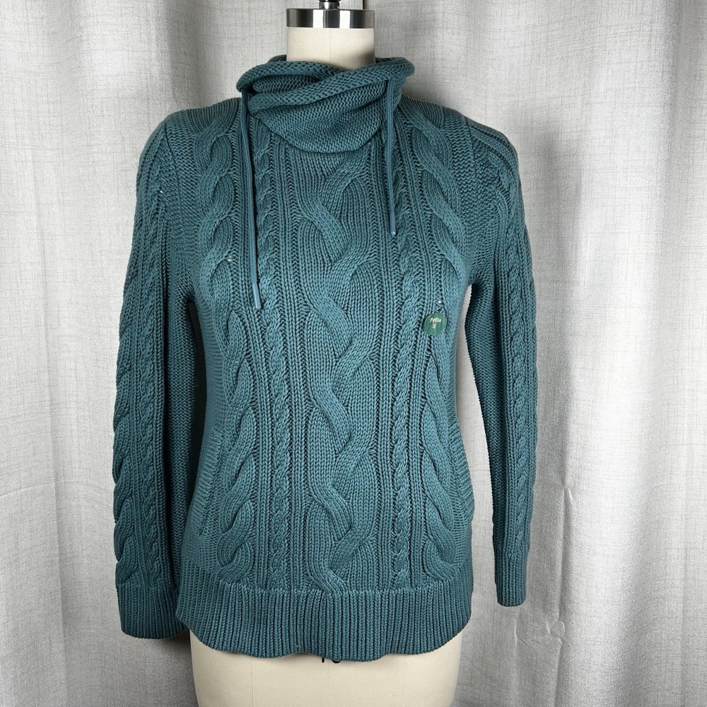 L.L. Bean Double L Funnelneck Mixed Cable Knit Sweater Women's Petite Small Blue